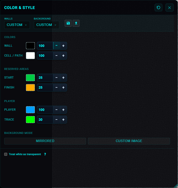 Color and style modal with wall, path, and background options.