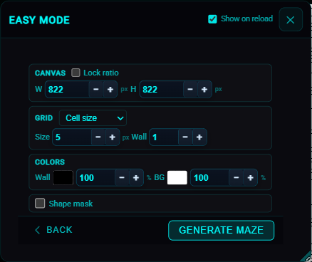 Easy Mode blank panel with Canvas, Grid, Colors, and Shape mask.