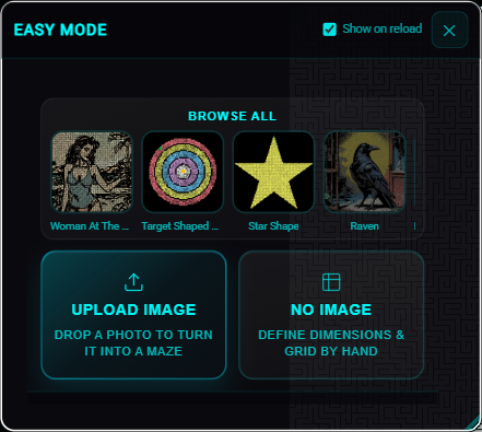 Easy Mode landing with sample rail, Browse all, Upload Image, and No Image.
