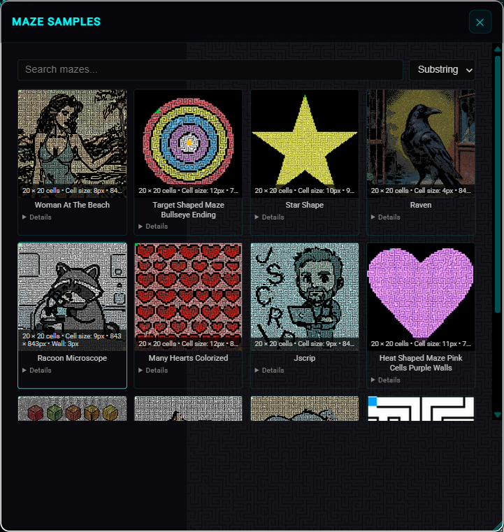 Maze Samples modal with search and sample thumbnails.