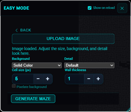 Easy Mode image panel with Background, Detail, cell size, wall thickness, and Pixelate background.