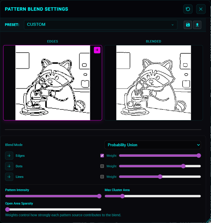 Blend Settings modal with pattern previews (image maze loaded).