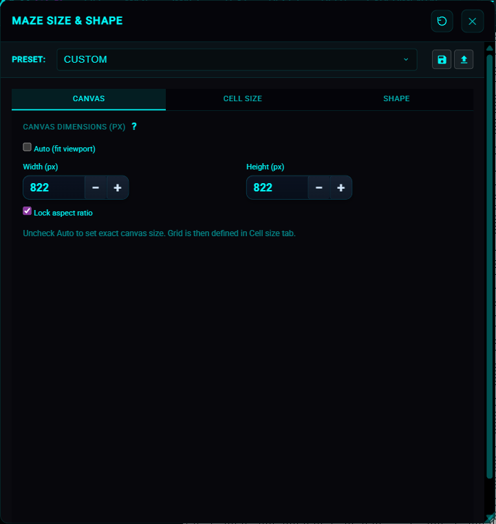 Maze Size and Shape modal, Canvas tab, with Auto off showing width, height, and lock aspect ratio.