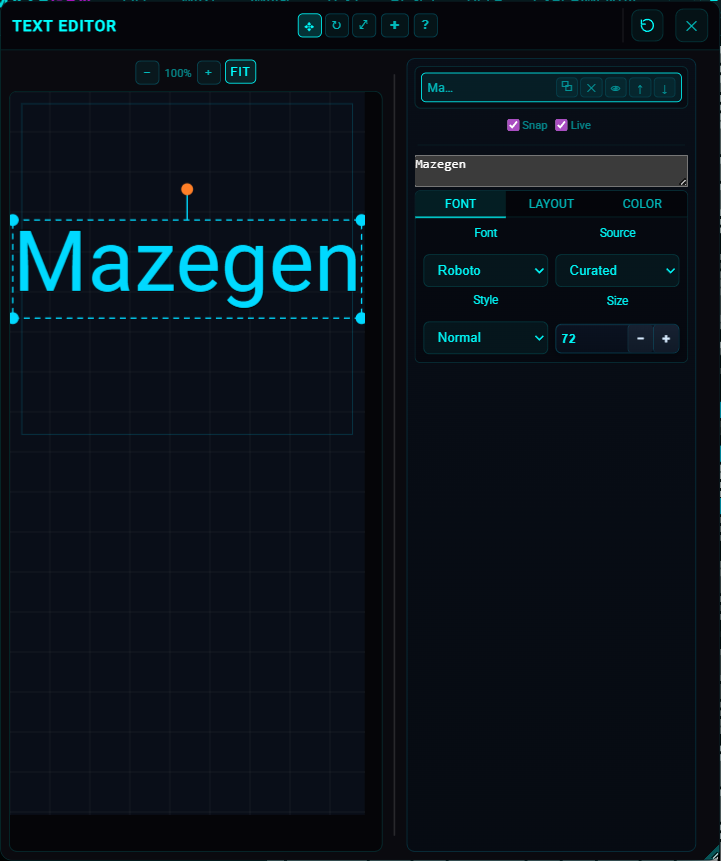 Text Editor with sample text Mazegen on the canvas and font controls.